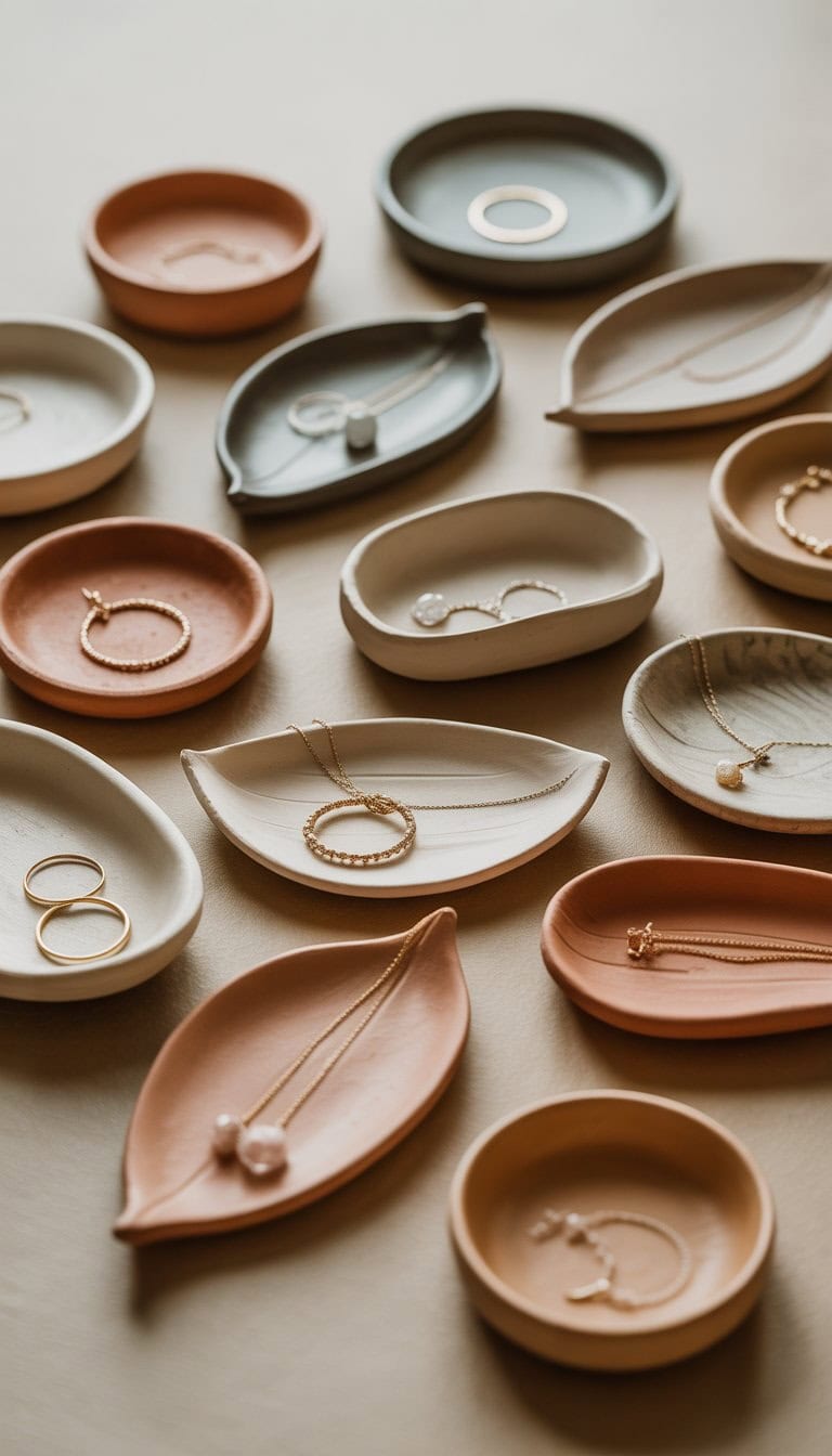 A collection of small clay jewelry dishes in various shapes and earthy colors, some holding rings and earrings, arranged on a neutral surface.