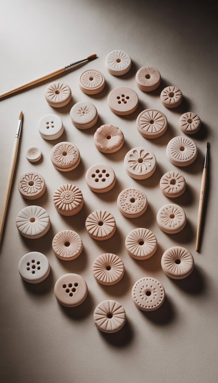 A collection of small handmade clay buttons with various shapes and patterns arranged on a plain surface alongside some crafting tools.