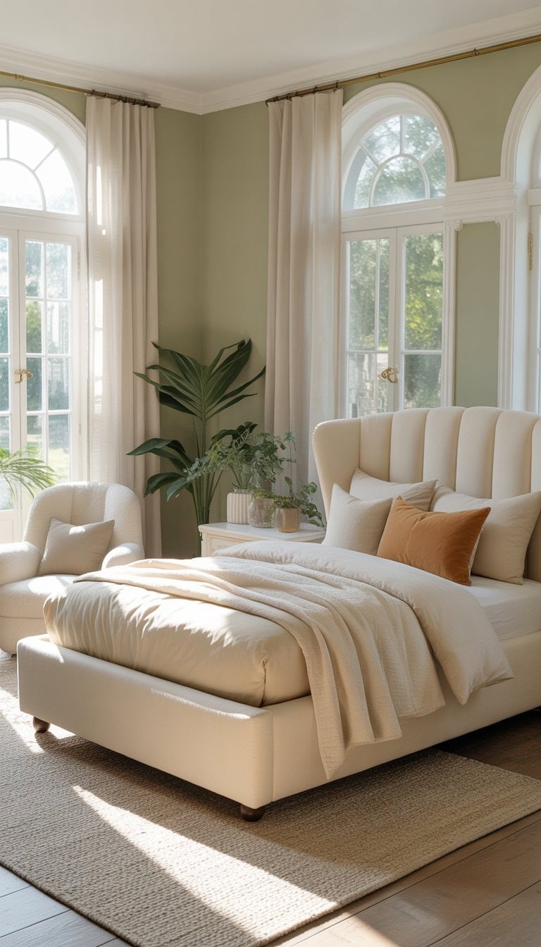 A bedroom with cream-colored furniture and sage green walls, featuring a bed, nightstand, armchair, and natural light coming through windows.