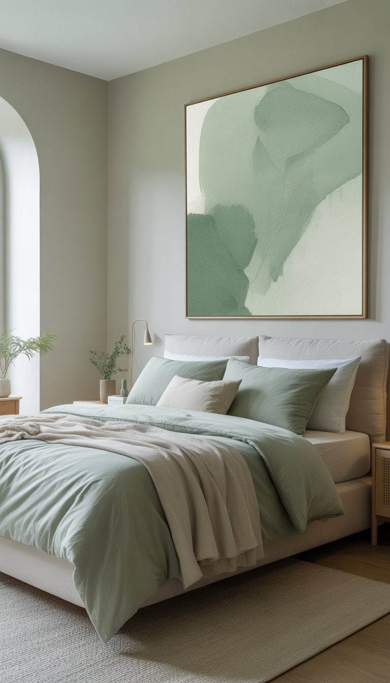 A bedroom with a bed, sage green bedding, and abstract art hanging above the bed.