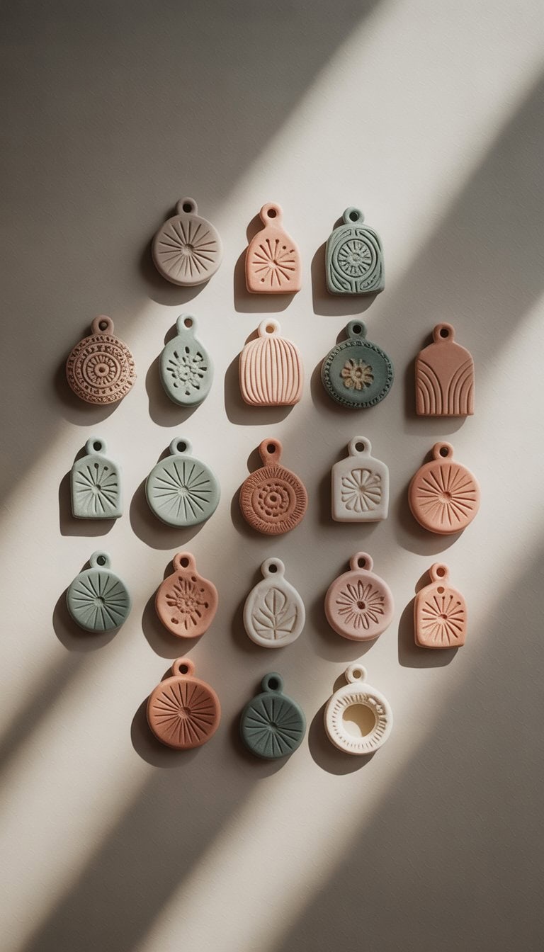 A collection of 23 small decorative clay pendants arranged on a neutral surface, showcasing various shapes, colors, and textures.