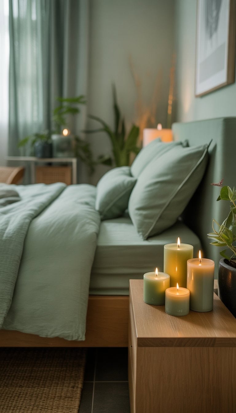 A bedroom with sage green bedding and candles on a bedside table, softly lit and decorated with plants.
