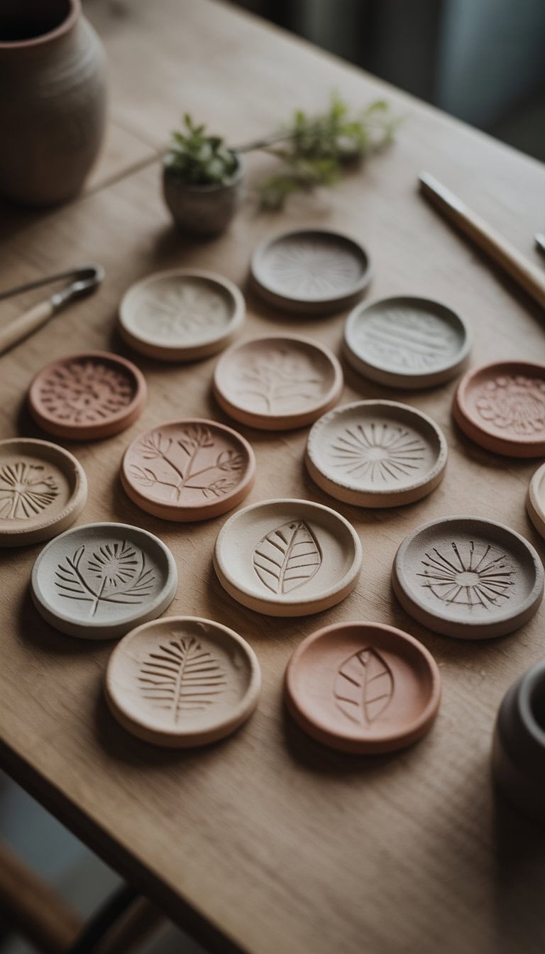 A set of small handmade clay coasters with various imprinted patterns arranged on a wooden surface.
