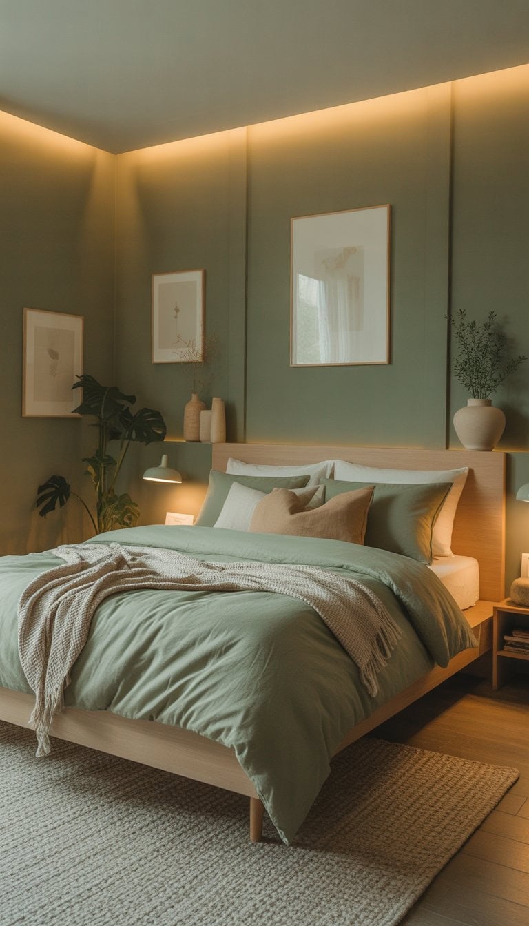 A bedroom with sage green walls, a neatly made bed with matching bedding, plants, and soft natural lighting creating a calm atmosphere.