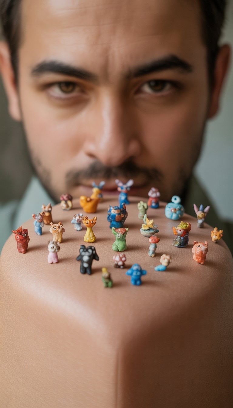 A collection of tiny, detailed clay figurines arranged on a neutral surface.