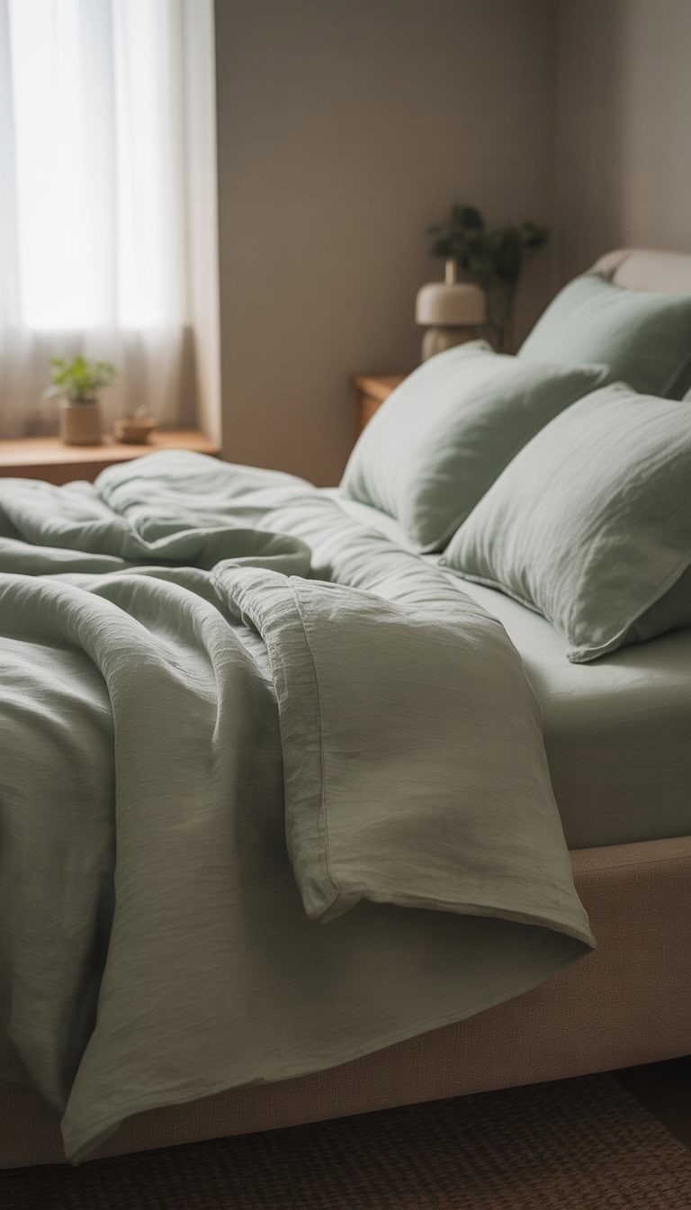 A neatly made bed with muted sage green linen bedding in a calm, softly lit bedroom with a wooden nightstand and a small plant.