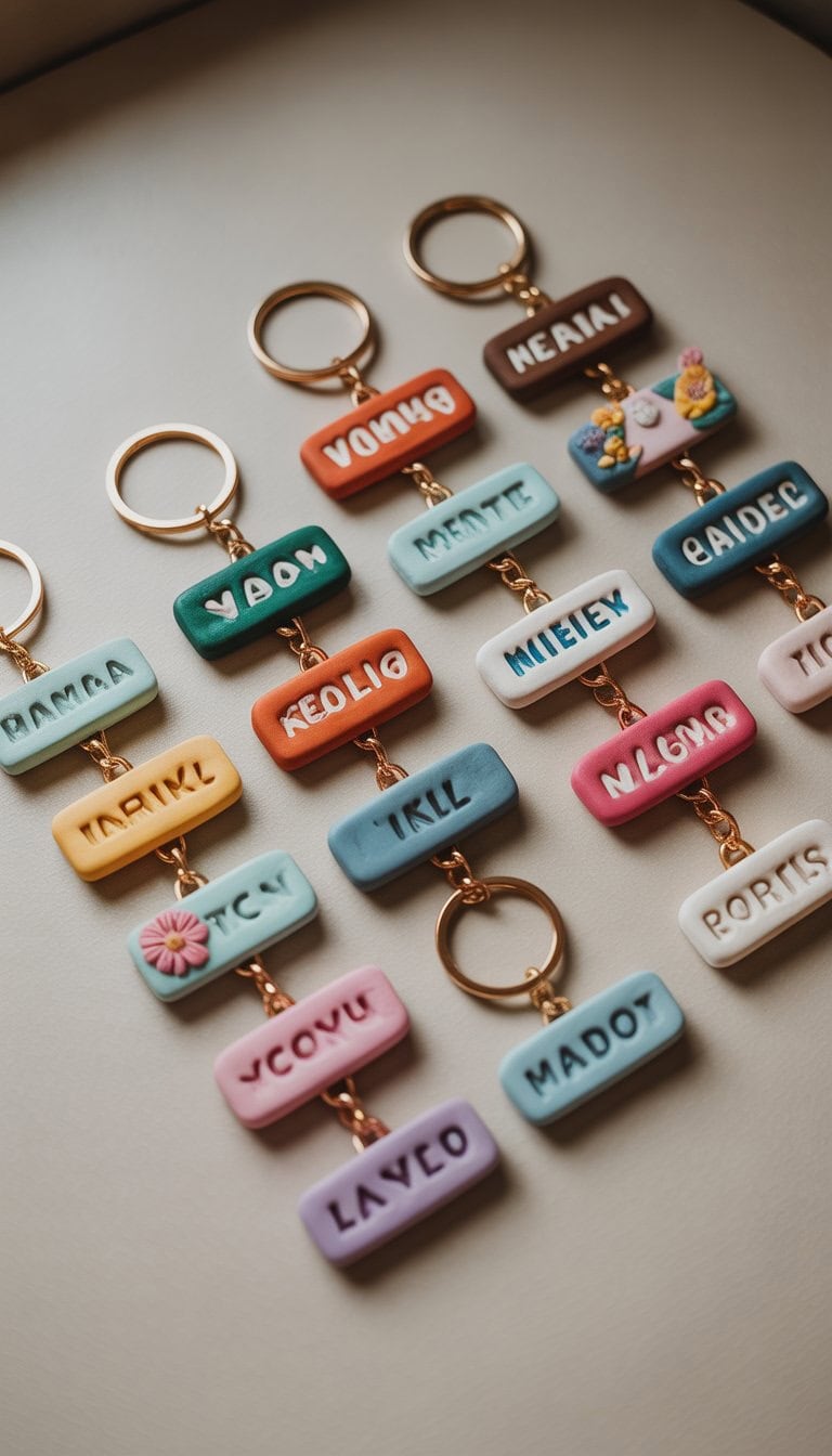 A collection of small handmade clay nameplate keychains with various designs arranged on a plain surface.