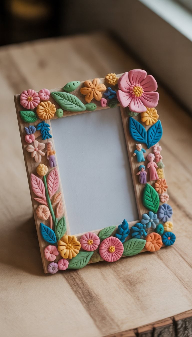 A photo frame surrounded by various small colorful clay decorations on a wooden surface.