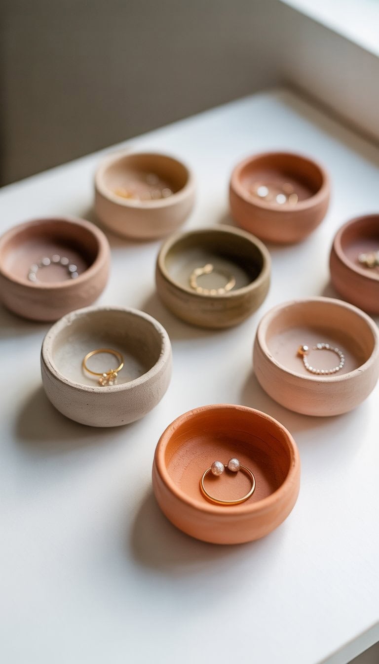 Several small clay bowls holding rings and earrings arranged on a white surface.