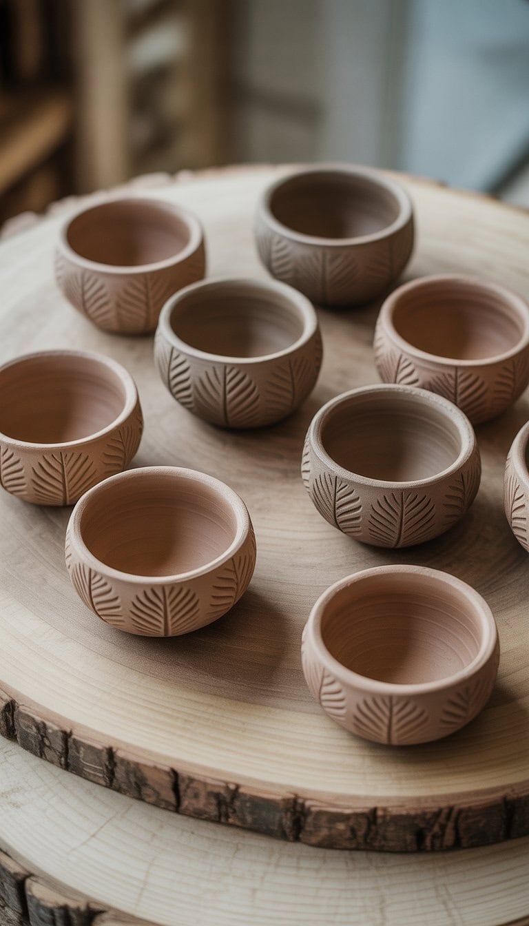 A collection of small clay bowls with leaf patterns embossed on them, arranged on a wooden surface.