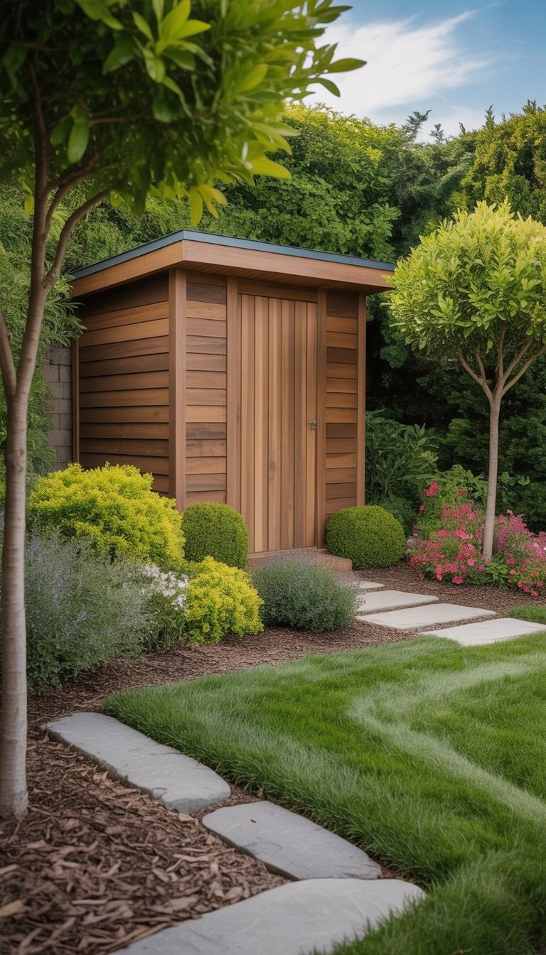 A backyard with a wooden garden shed surrounded by green shrubs, flowering plants, stone pathways, and small trees.