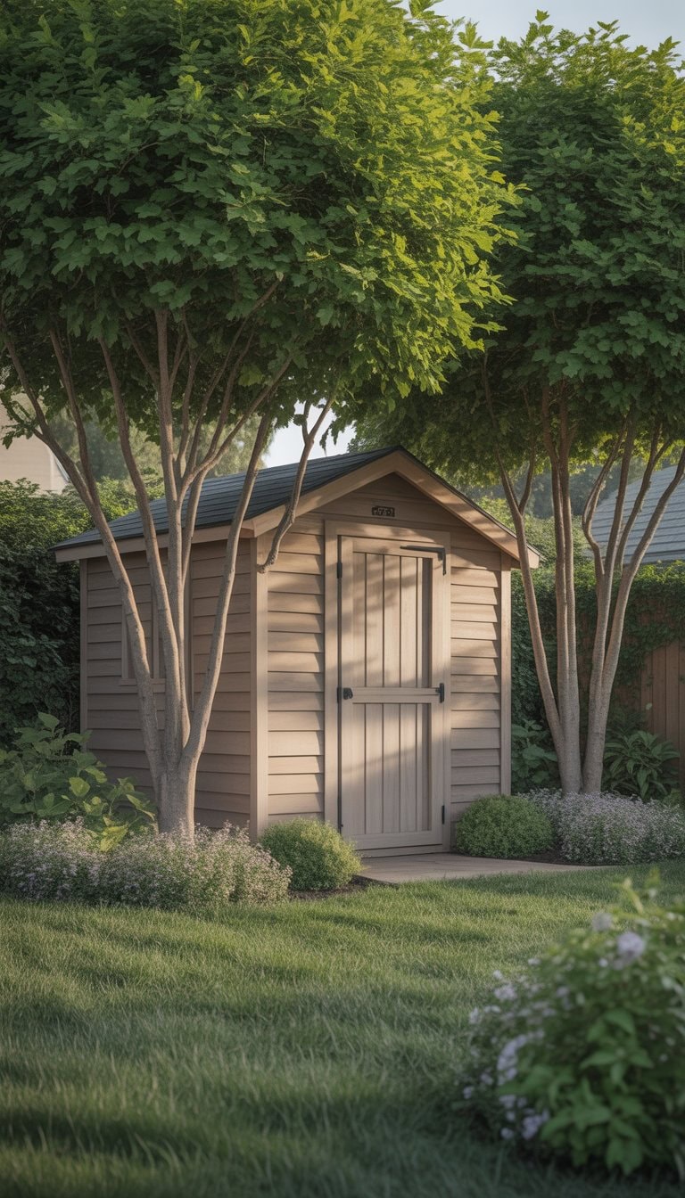 A small wooden garden shed surrounded by shade trees and greenery in a backyard.