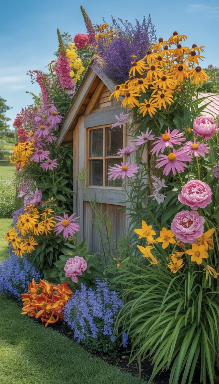 A garden shed surrounded by a vibrant border of colorful perennial flowers in full bloom.