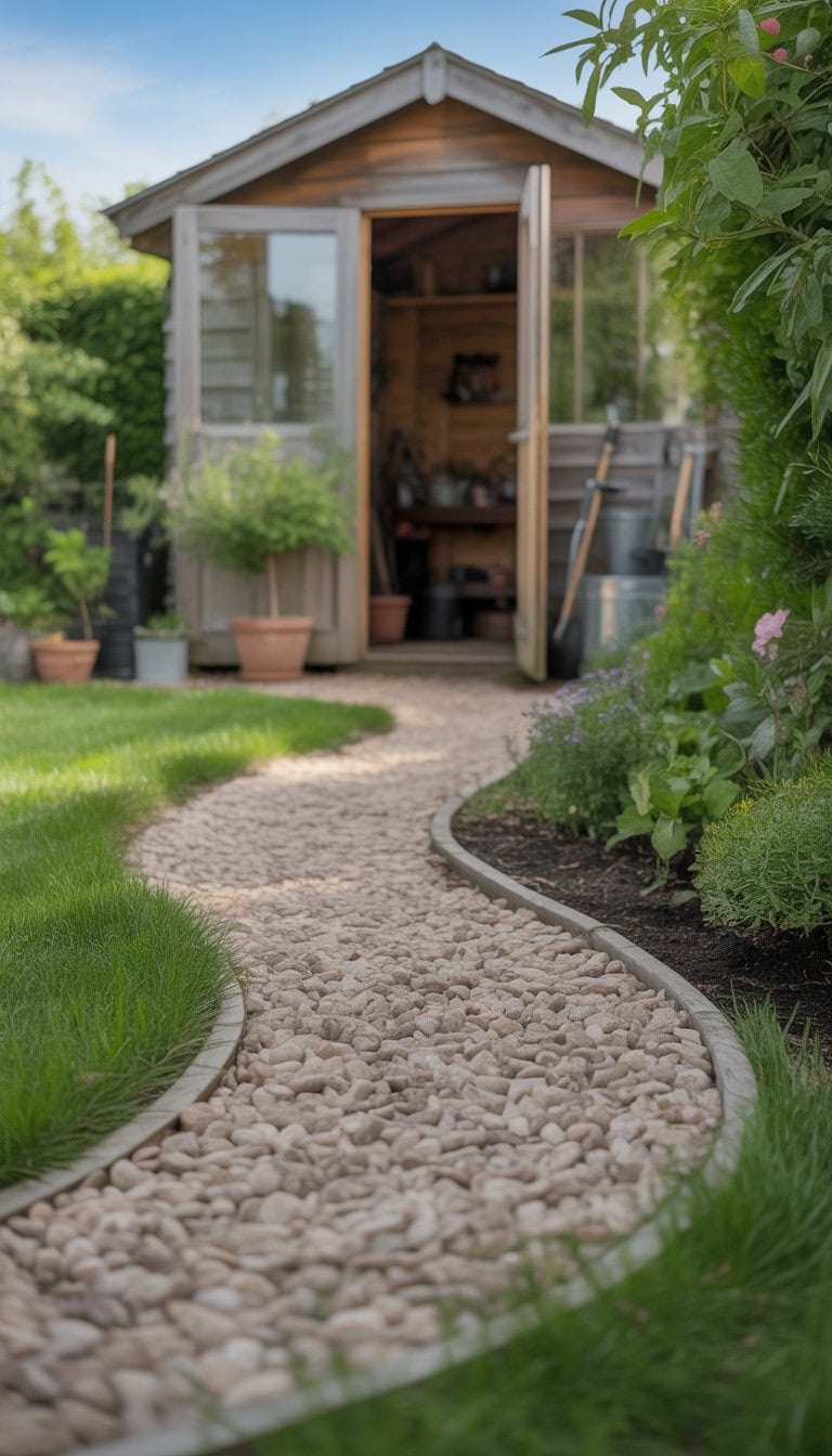 A small gravel path leads through a garden to the entrance of a wooden shed surrounded by grass and plants.