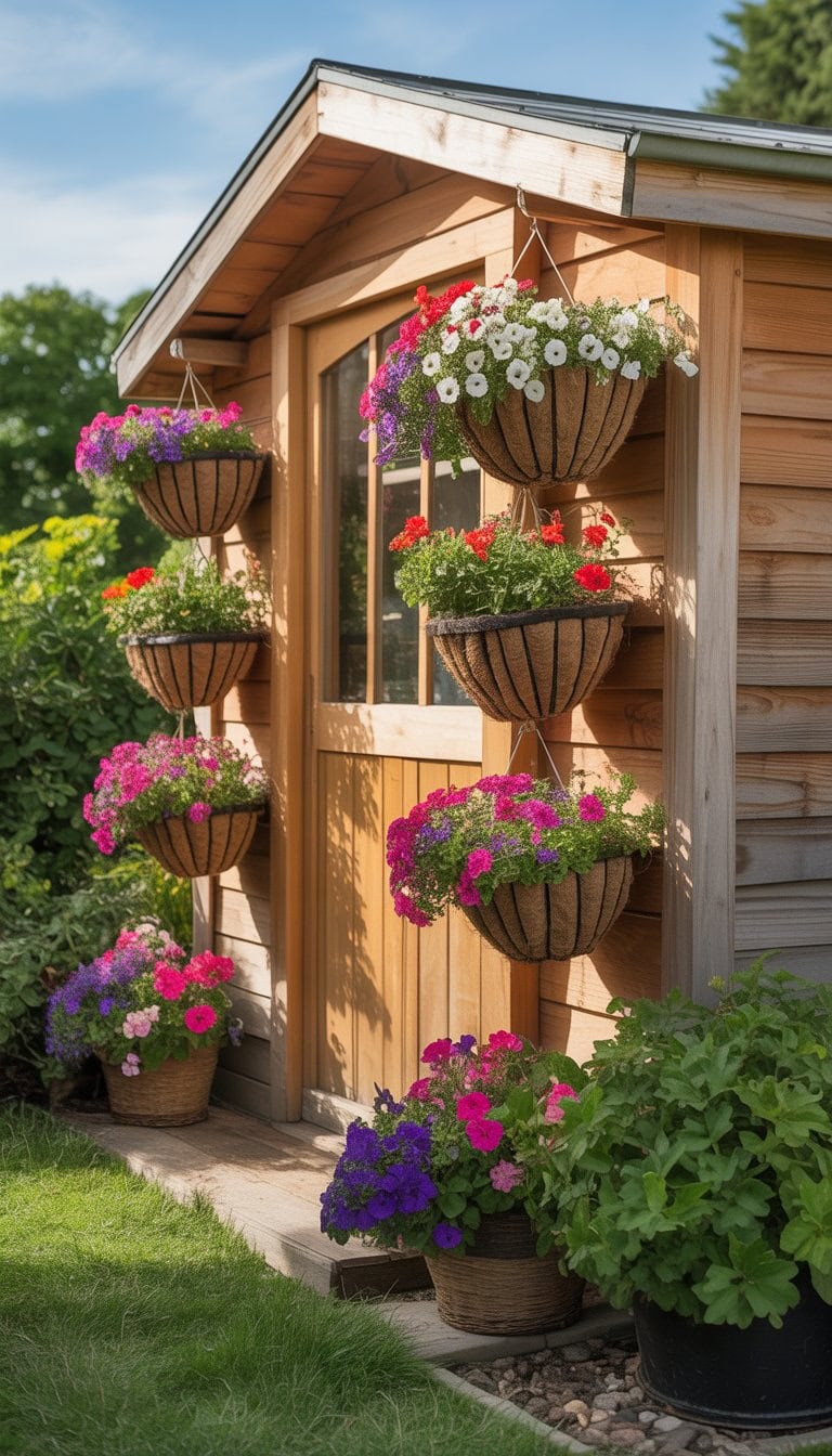 A garden shed with hanging flower baskets full of colorful flowers on its walls, surrounded by green grass and plants.