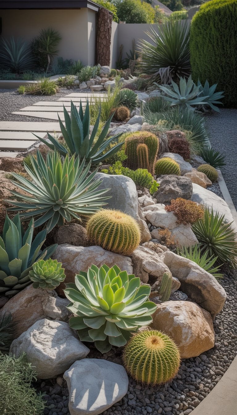 A rock garden with drought-resistant plants arranged among stones, with a shed and gravel pathways in the background.