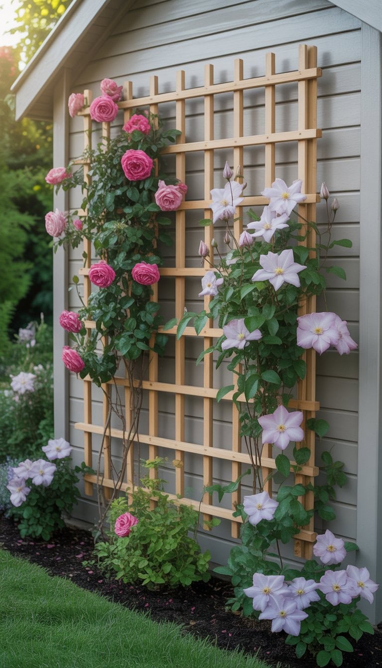 A garden shed with a wooden trellis covered in blooming climbing roses and clematis surrounded by green grass and flower beds.