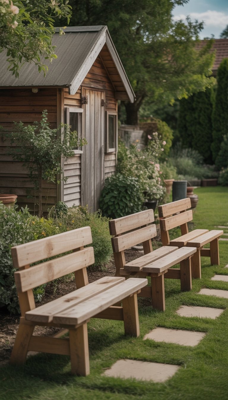 Wooden benches placed near a garden shed surrounded by plants and greenery.