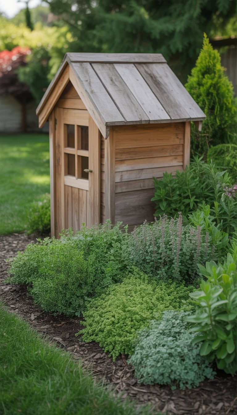 A garden shed surrounded by low-maintenance ground cover plants in a sunny outdoor setting.