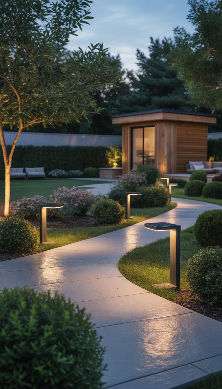 A backyard walkway lined with solar-powered lanterns next to a wooden shed surrounded by plants and grass.