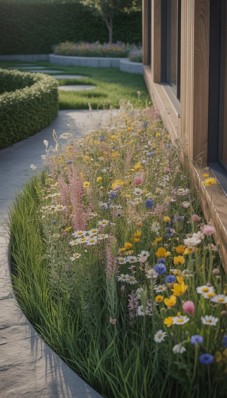 A wildflower meadow patch with colorful flowers growing beside a modern garden shed.