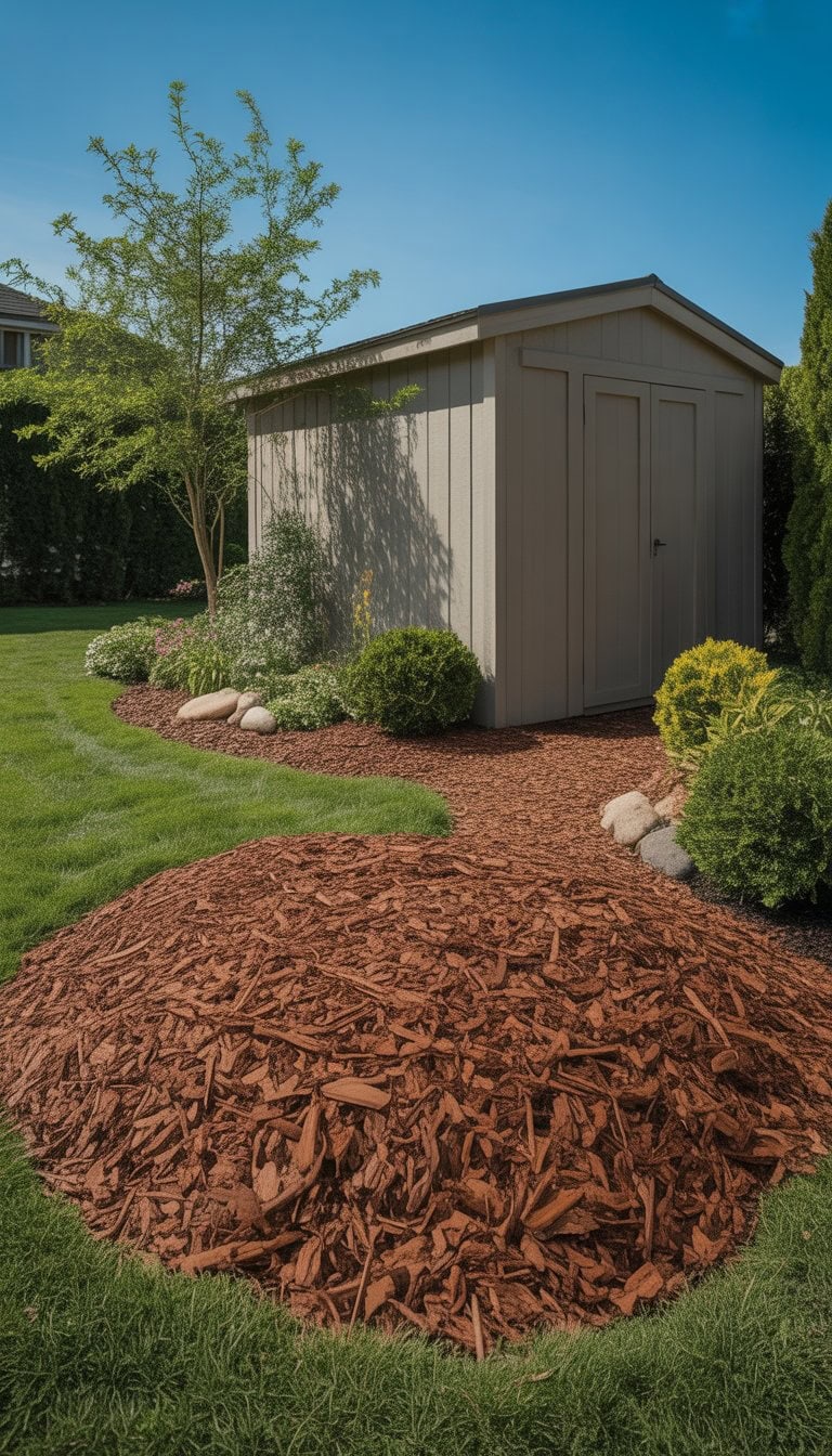 A garden shed surrounded by neatly arranged mulch beds, small shrubs, and flowering plants in a sunny outdoor setting.