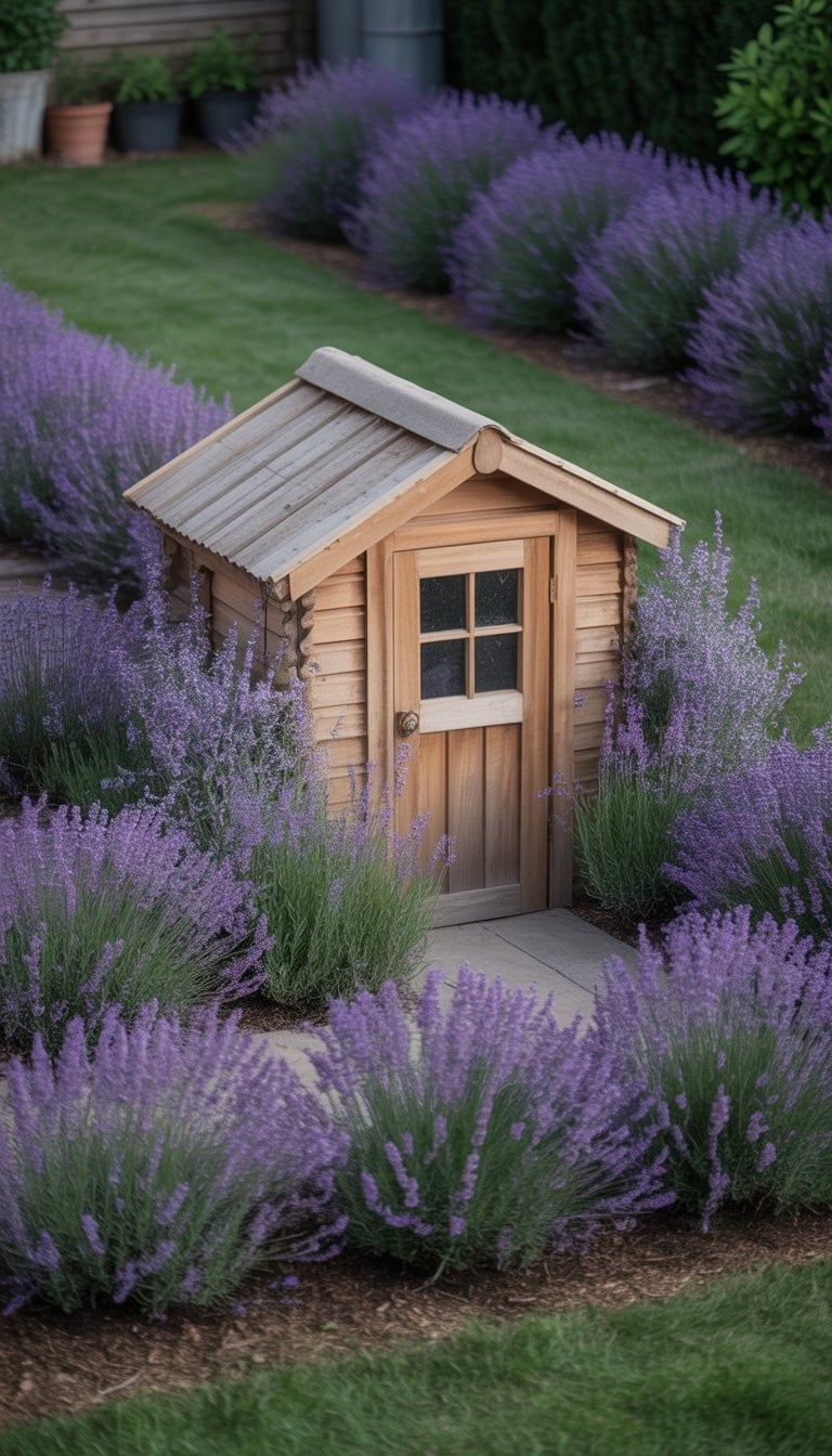 A wooden garden shed surrounded by blooming lavender plants forming a neat border.
