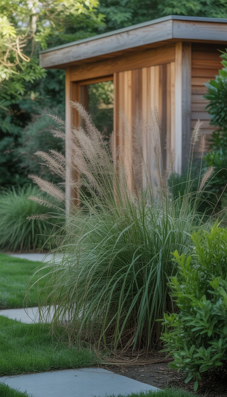 A backyard garden with a wooden shed surrounded by tall ornamental grasses gently moving in the breeze.