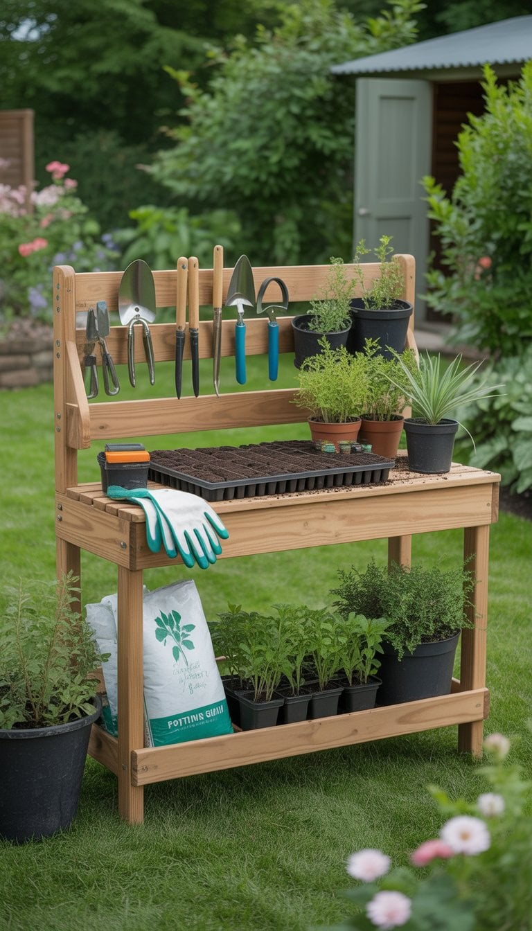 An outdoor wooden potting bench with gardening tools, potted plants, and soil bags set up in a garden near a shed.