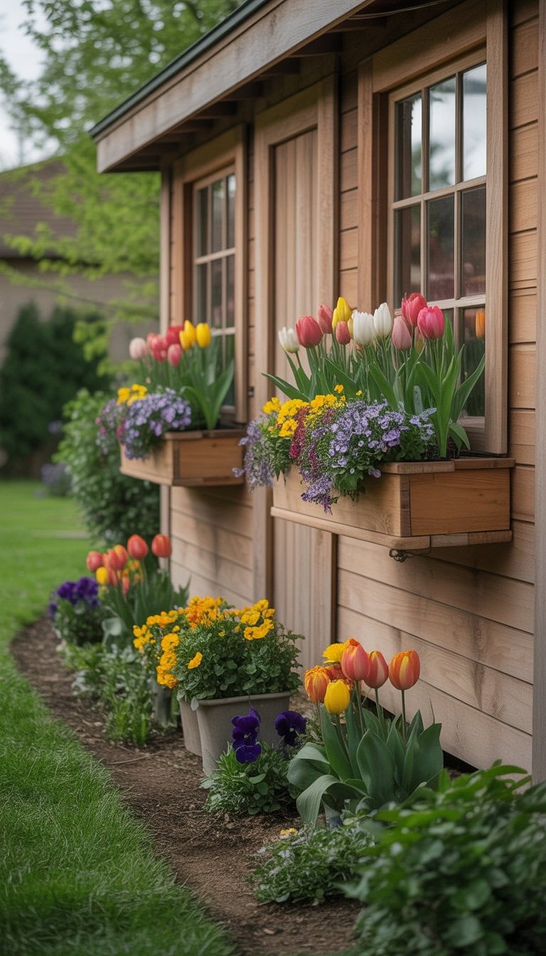 A wooden shed with window boxes filled with colorful seasonal flowers in a garden setting.
