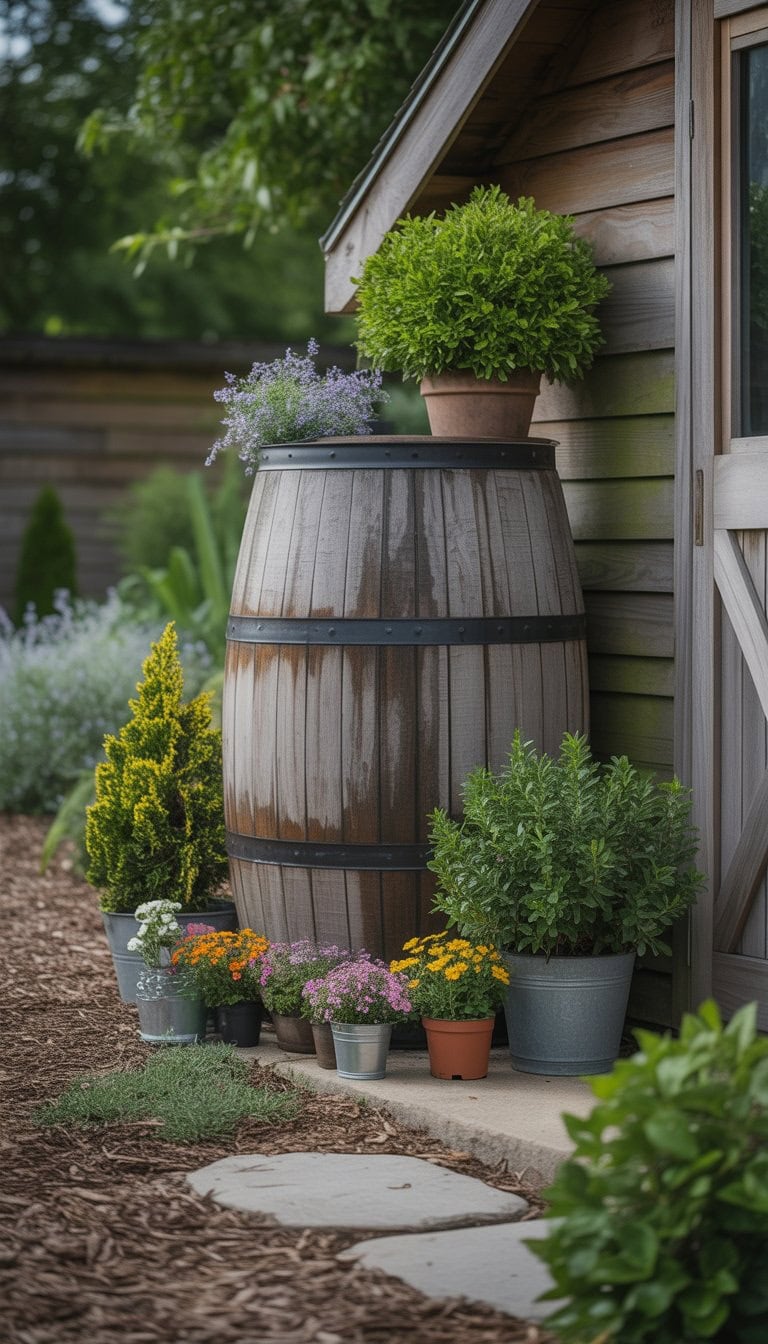 A rain barrel surrounded by decorative plants next to a garden shed in a landscaped garden.