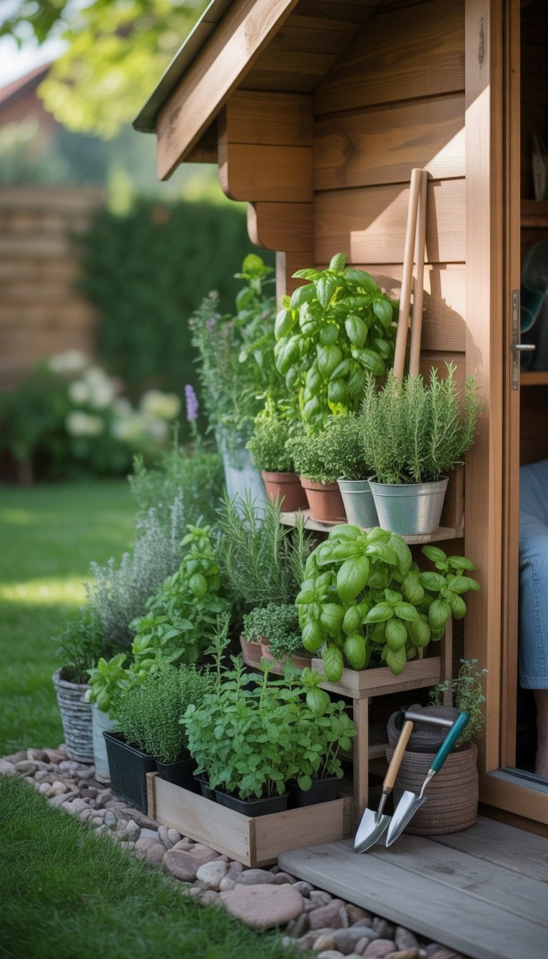A mini herb garden with various green herbs planted beside the door of a wooden garden shed.