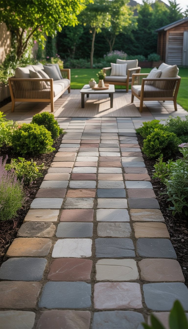 An outdoor patio seating area made of stone pavers surrounded by green plants and garden shrubs with outdoor furniture and a wooden shed in the background.