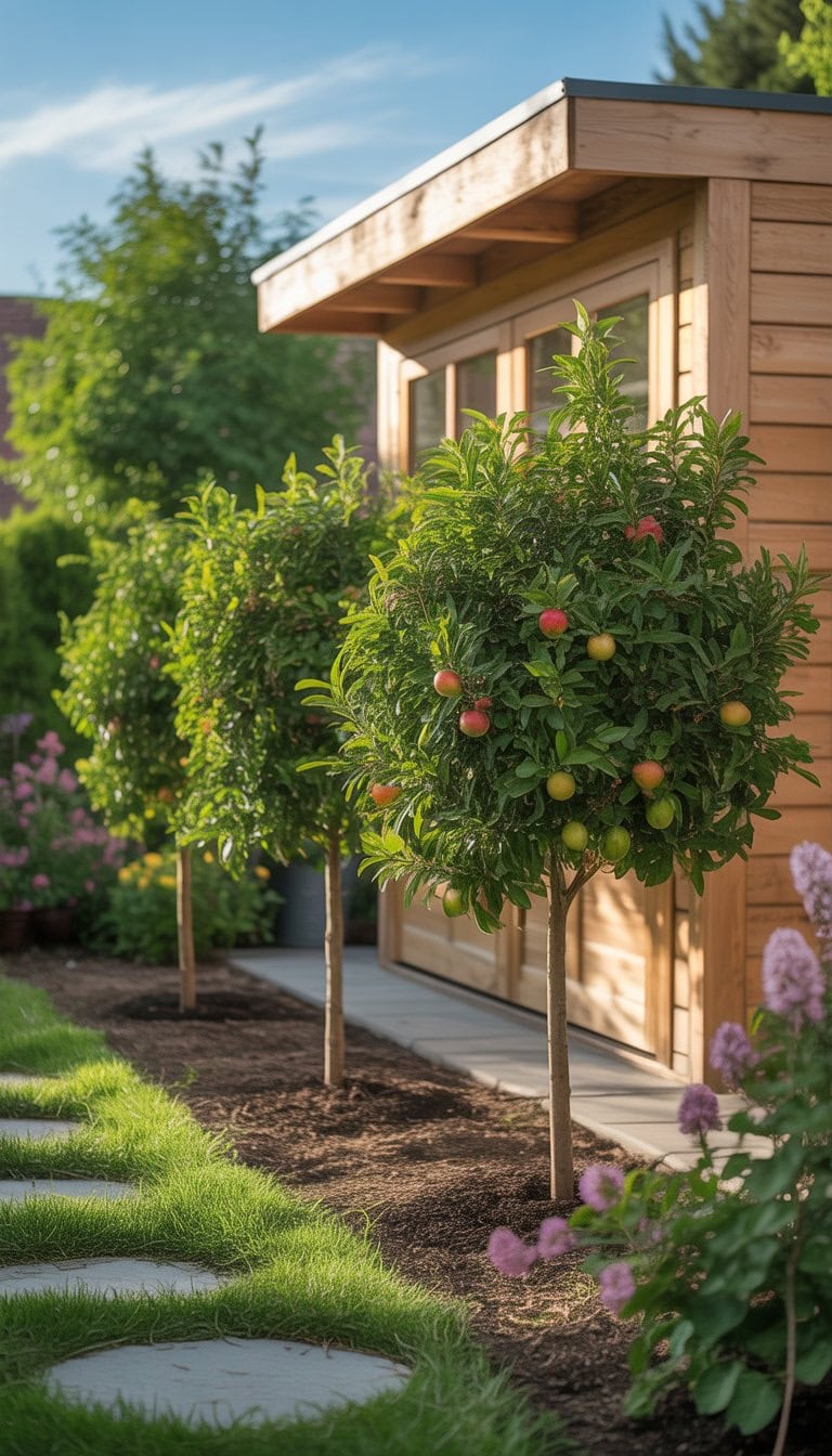 A backyard with dwarf fruit trees planted near a wooden garden shed surrounded by grass and plants.