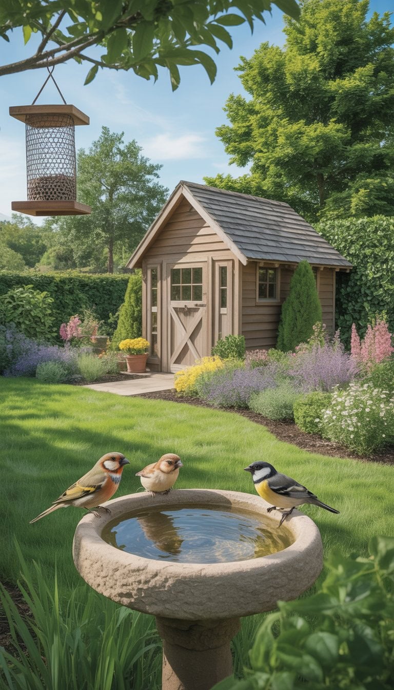 A backyard with a wooden shed, a bird feeder hanging from a tree, and a stone birdbath surrounded by plants and small birds.