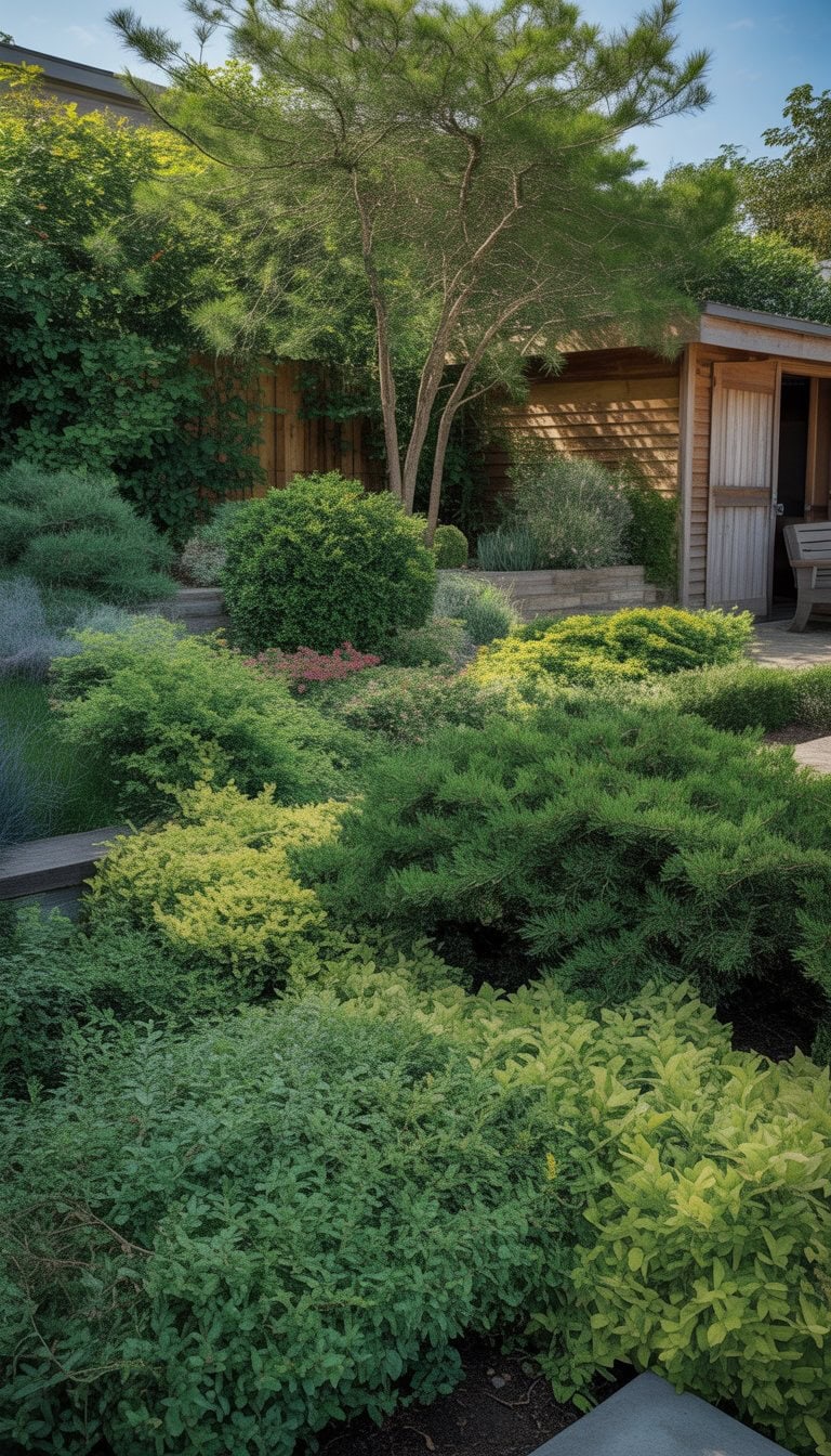 A garden area with layered shrubs and ground cover plants in front of a wooden garden shed surrounded by trees.