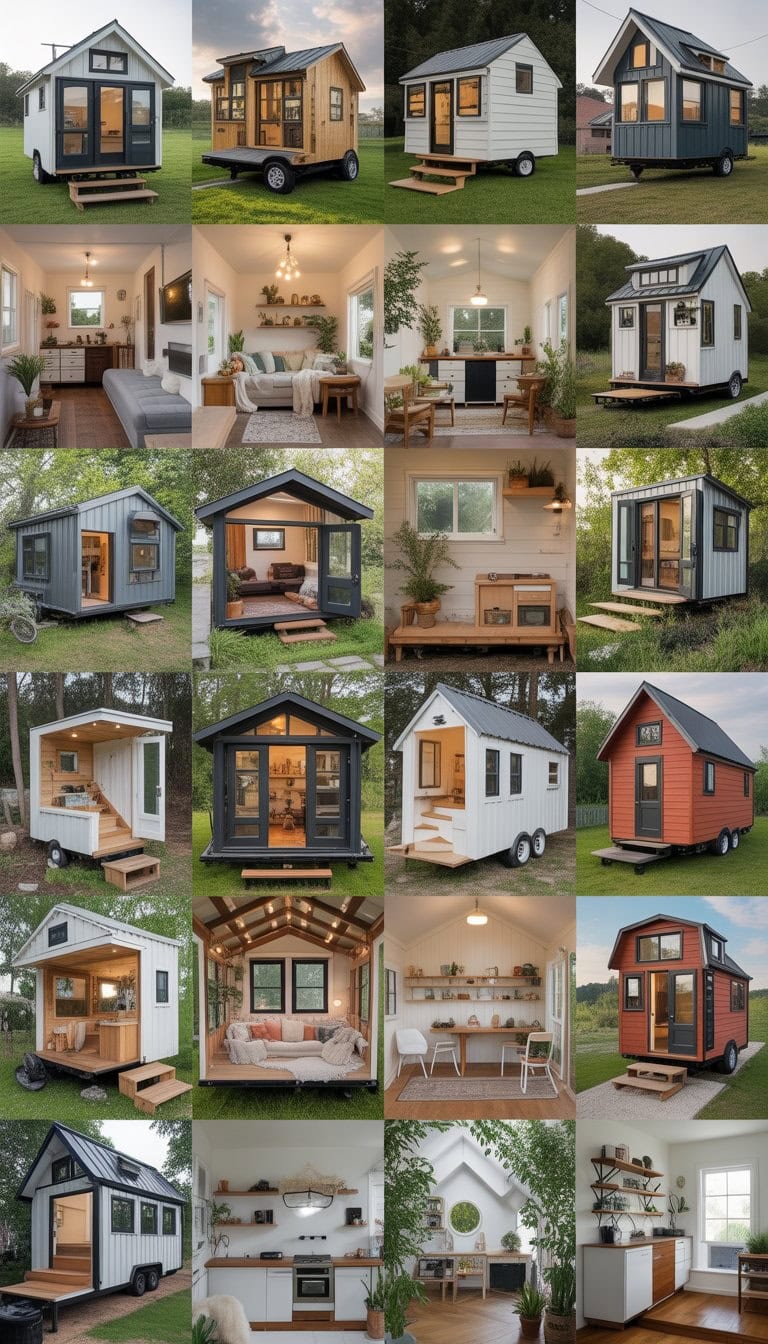 A group of 23 tiny homes showing their interiors and outdoor areas with furniture, decorations, and gardens.