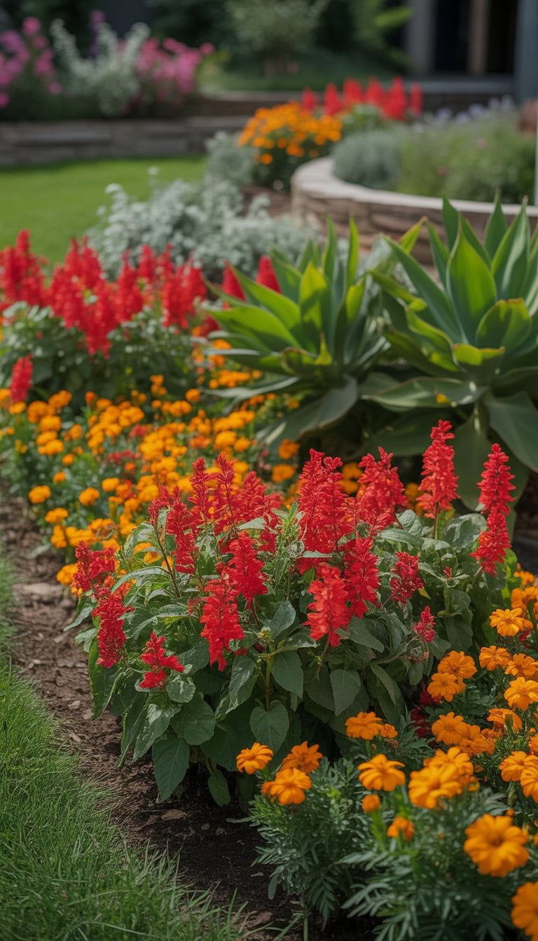 A garden with bright red salvia and orange marigolds surrounded by green plants and a lawn.
