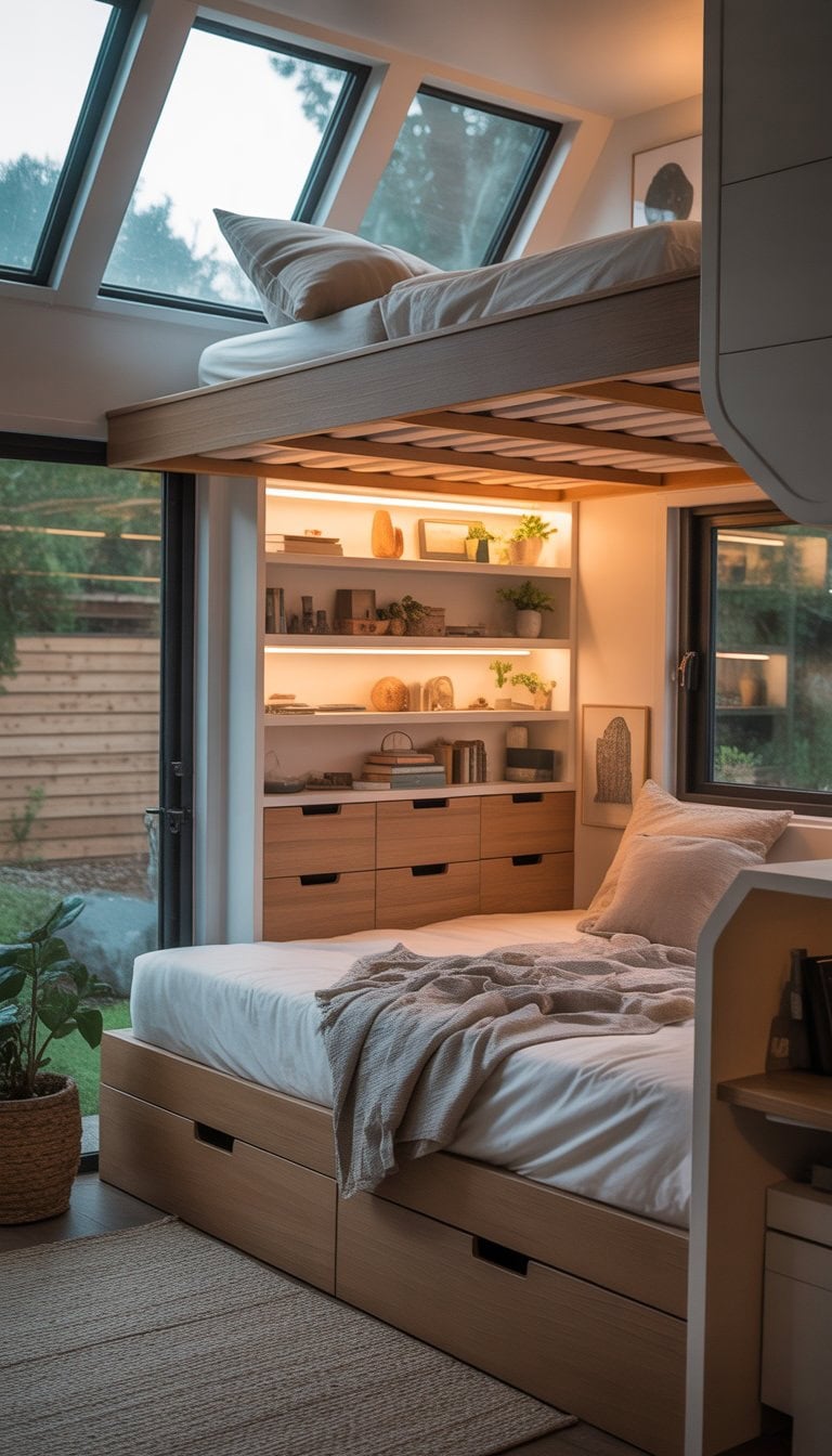Interior of a tiny home showing a lofted bed with built-in storage underneath and natural light coming through windows.