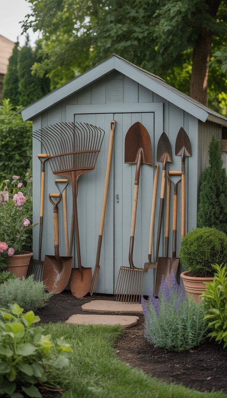 Outdoor garden shed decorated with vintage garden tools and surrounded by green plants and flowers.