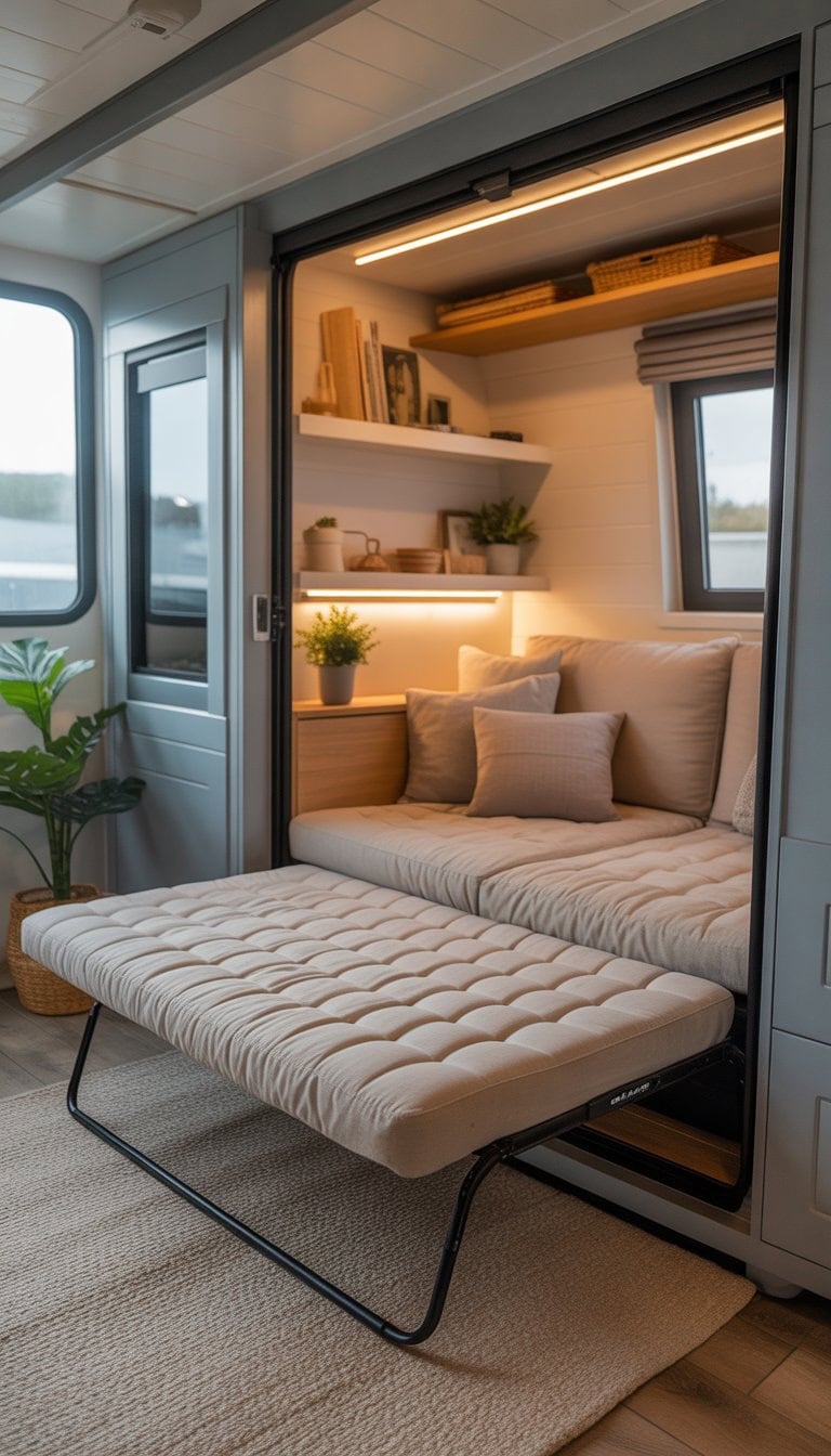 Interior of a tiny home with a pull-out sofa bed fully extended, showing a compact living space with multifunctional furniture and cozy decor.