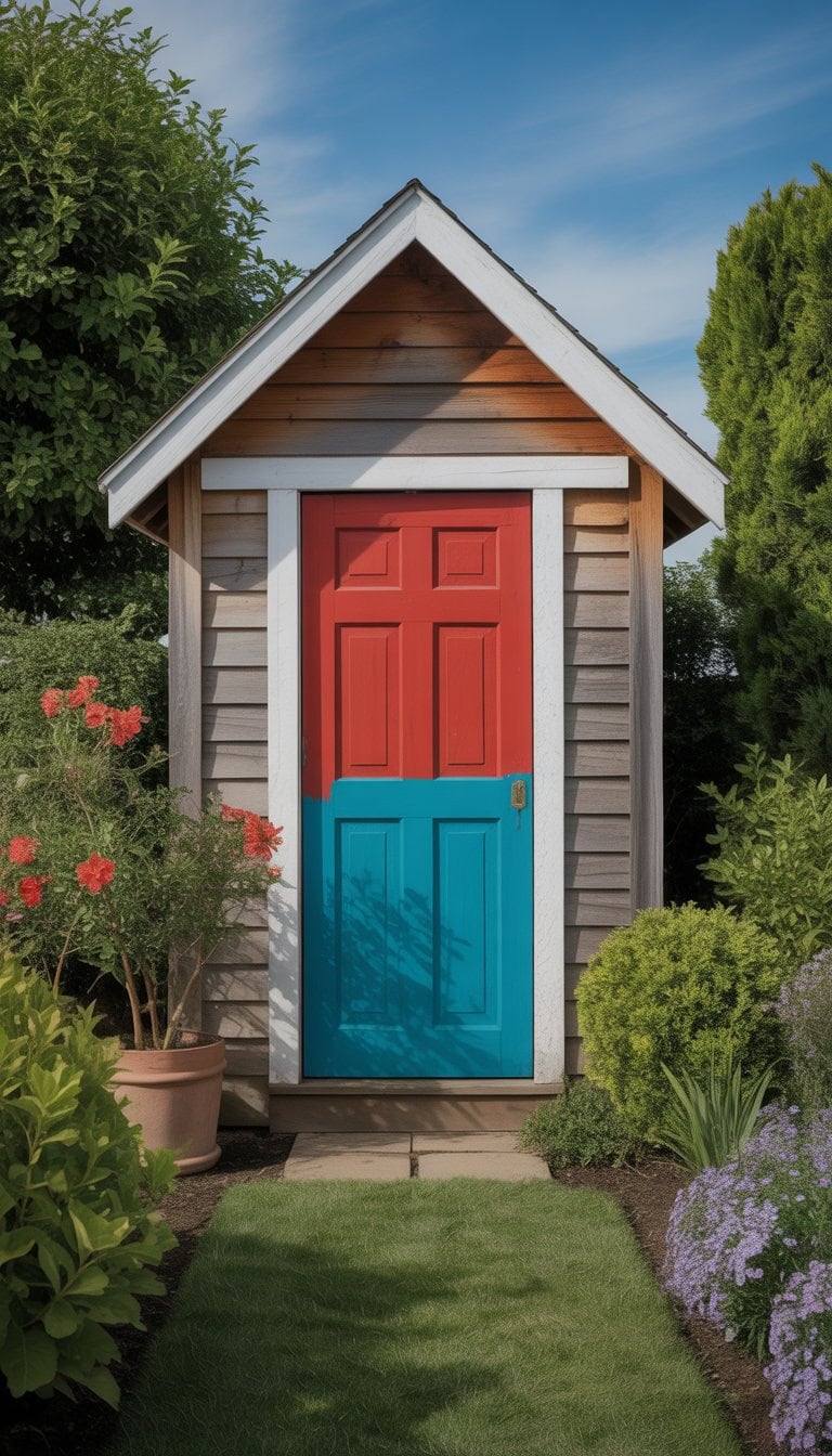 A garden shed with a brightly painted door surrounded by flowers and greenery in a landscaped yard.