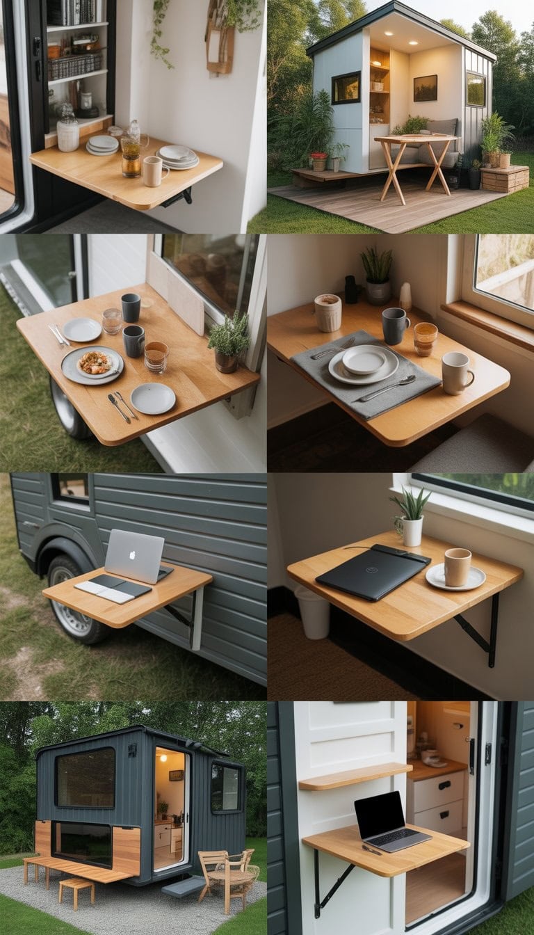 Various fold-down tables set up inside and outside tiny homes for dining and working, showing compact living spaces with tables holding meals and work items.