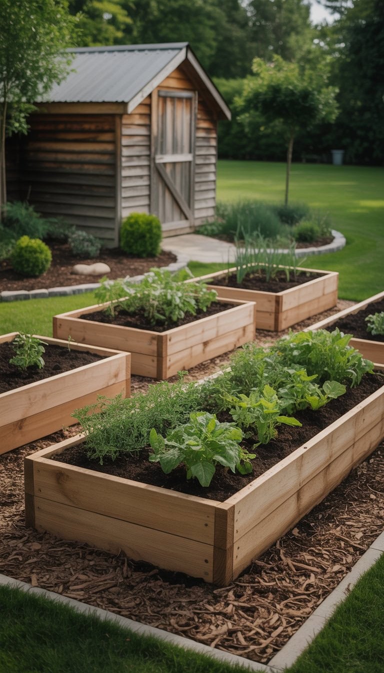 A backyard with raised garden beds filled with plants placed next to a wooden garden shed surrounded by landscaping.