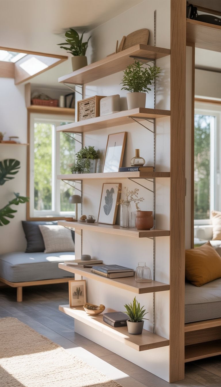 Interior of a tiny home with wall-mounted shelves holding plants and books, showing an efficient use of space.