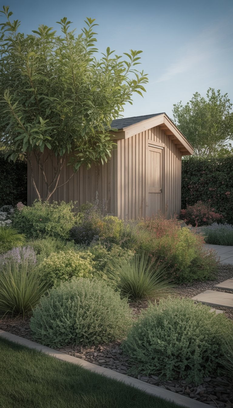 Backyard shed surrounded by native plants and greenery with a stone pathway leading to the shed door.