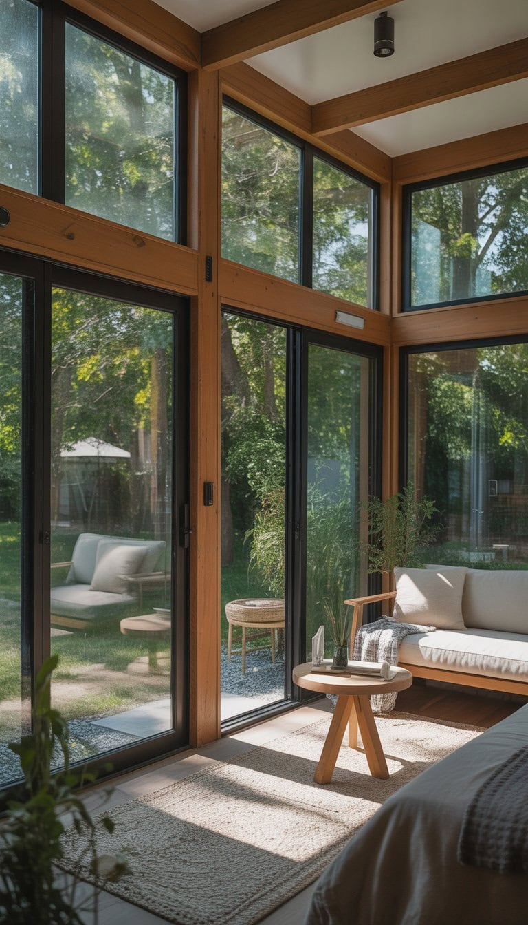 Interior view of a tiny home with large windows showing natural light and a garden outside.