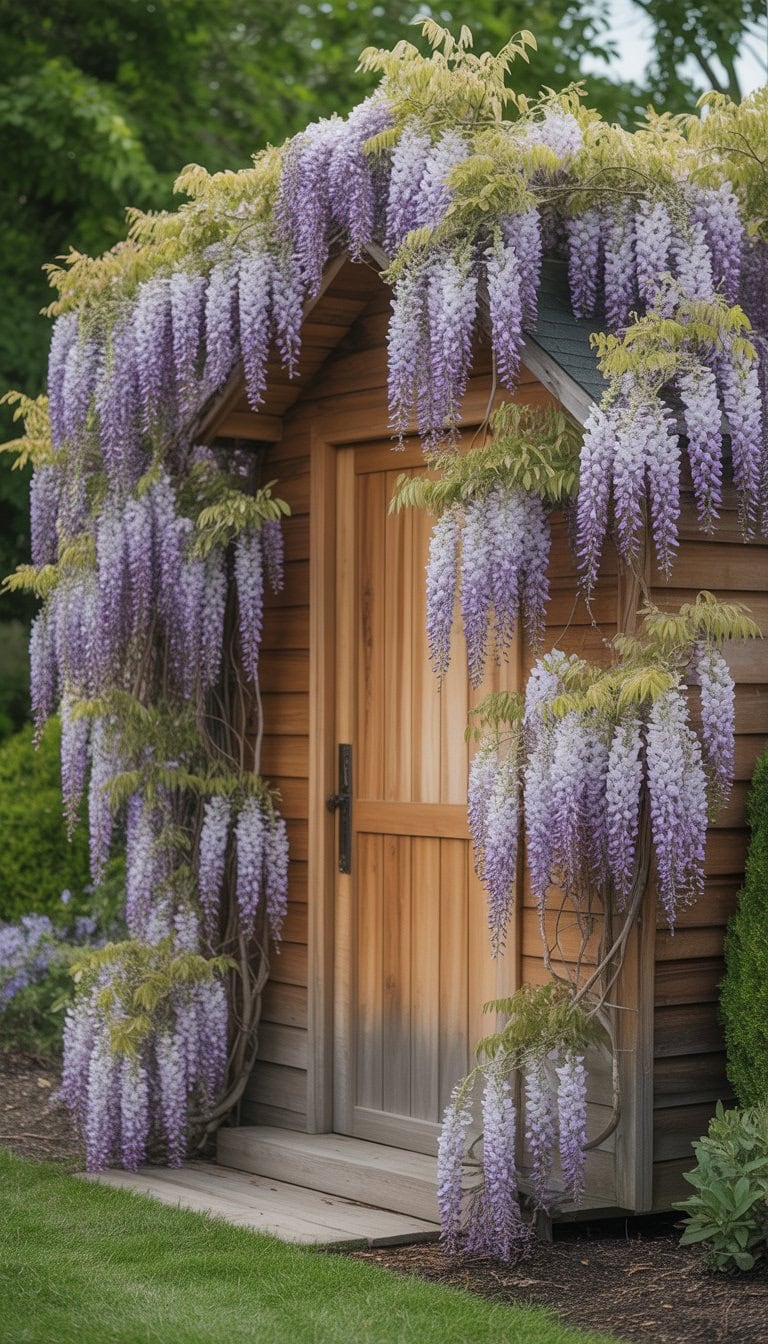 A garden shed covered with blooming purple wisteria vines surrounded by green plants and grass.