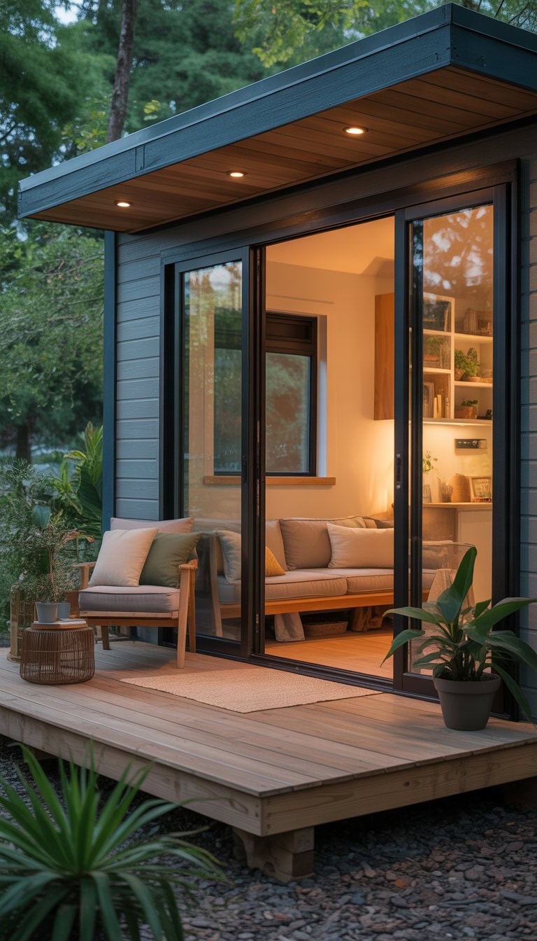 Sliding glass doors open to a cozy wooden deck with outdoor seating and plants, connected to a tiny home.