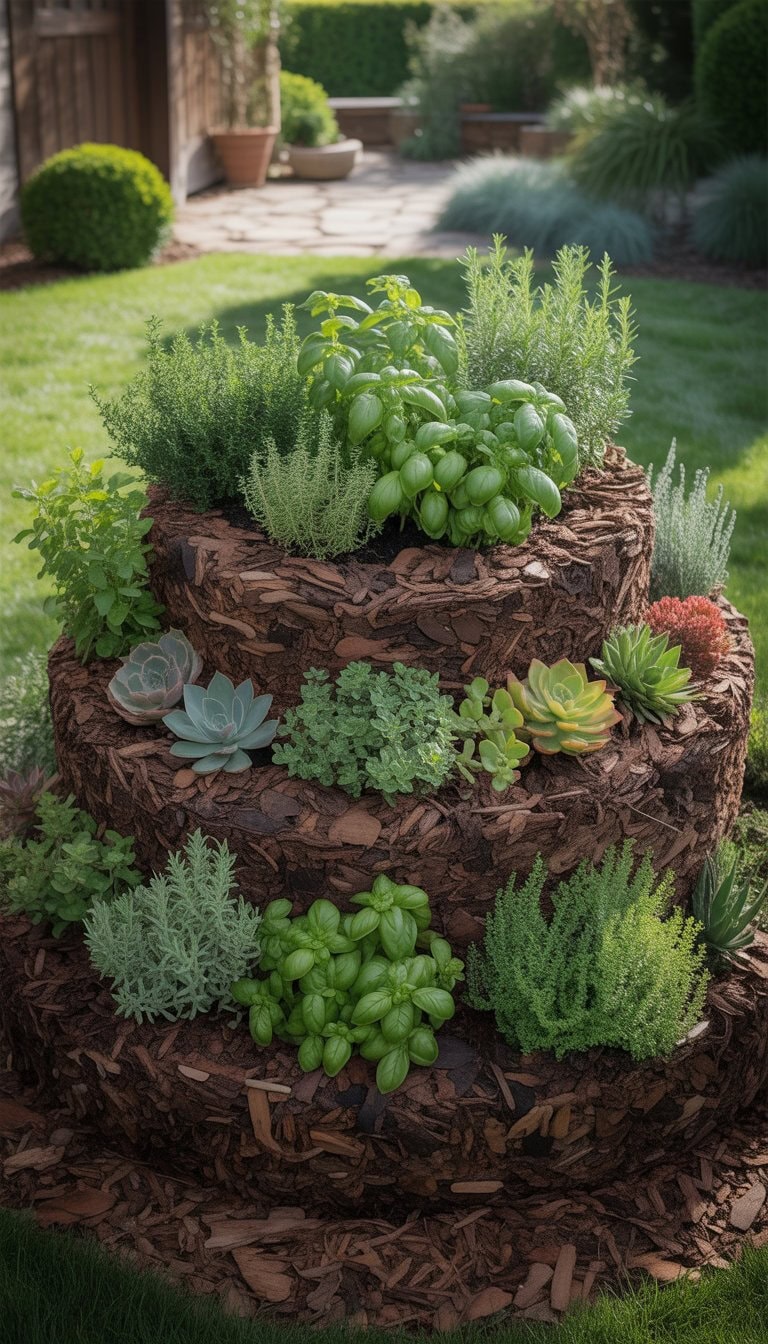 A spiral garden bed filled with herbs and succulents made with mulch, set outdoors near a garden shed and surrounded by green grass.